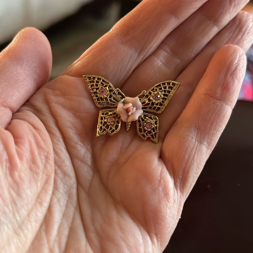 Vintage Brooch Pin Butterfly and Porcelain Rose